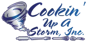 logo-lightbackx86 SO Services - Logo for Cookin' Up A Storm, Inc. featuring a stylized tornado and kitchen utensils, highlighting the spirit of cooking and recipes, with the company name written in blue cursive text.