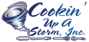 SO Services - Logo for Cookin' Up A Storm, Inc. featuring a stylized tornado and kitchen utensils, highlighting the spirit of cooking and recipes, with the company name written in blue cursive text.